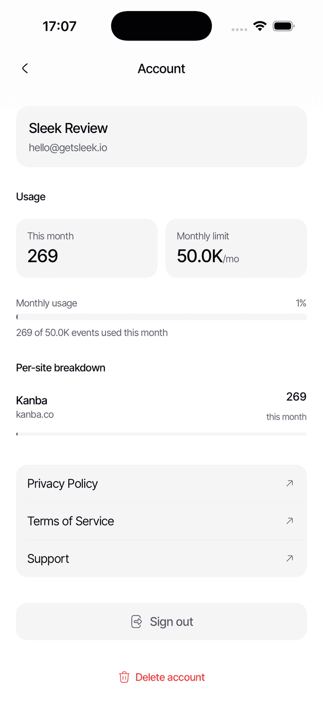 Usage and plan information screen